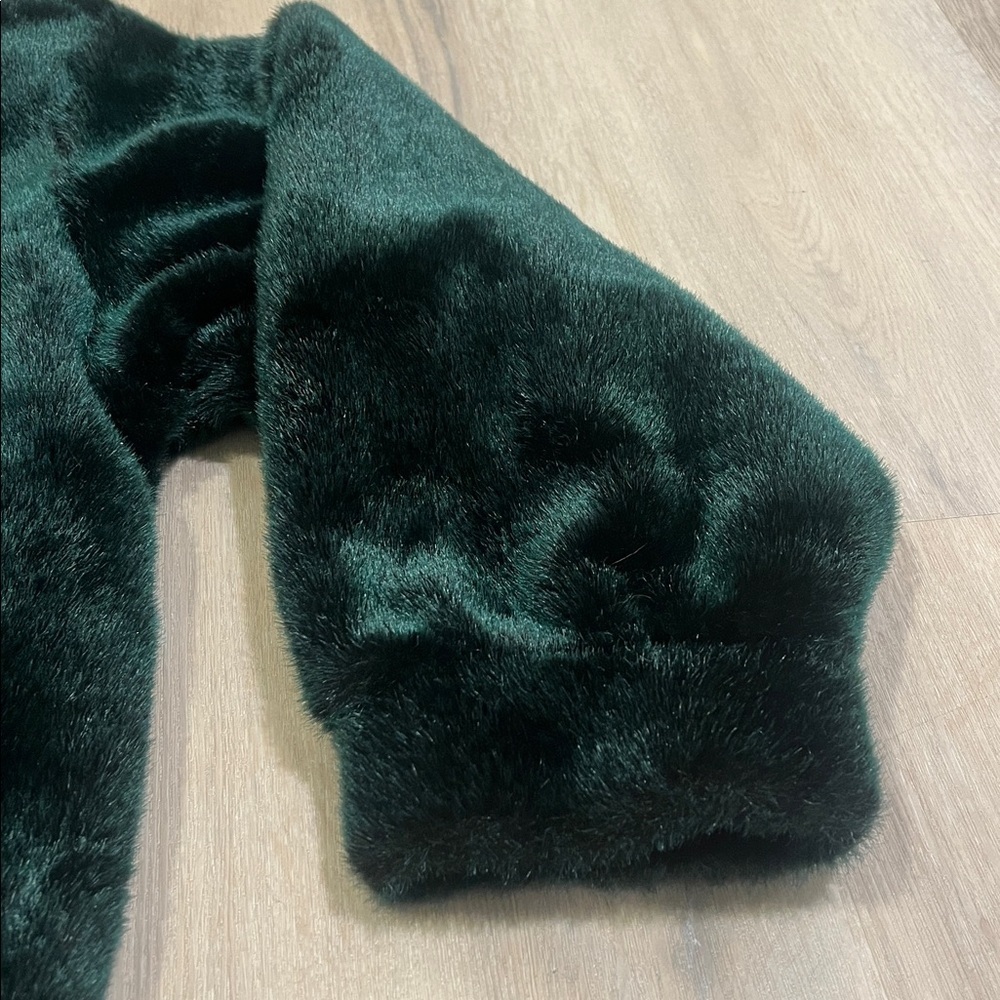 Gallery Vegan Faux Fur Bomber Coat Jacket Green collar pockets VTG vintage 90s - Picture 7 of 10